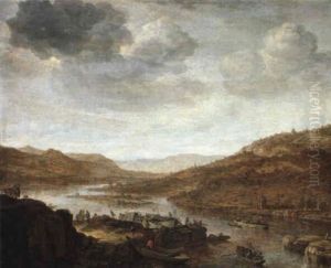 Rhenish Landscape With Moored Barges At A Landing Stage