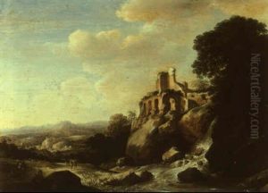 Travellers By A River With Ruins Above