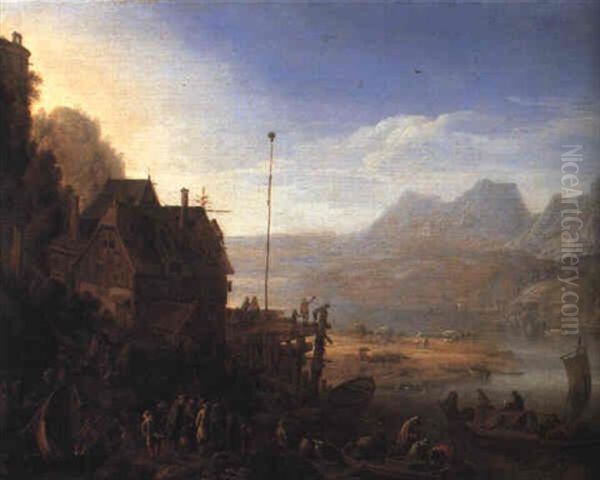Rhenish Landscape With Fisherfolk And A Ferry Near A House - view 1