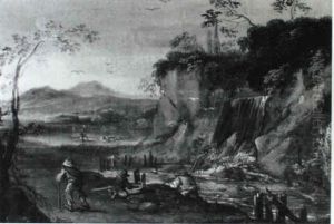 A Rocky River Landscape With A Traveller And Abglers On A Bank