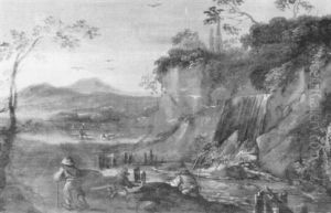 An Extensive River Landscape With A Waterfall, A Figure On A Track And Anglers Fishing