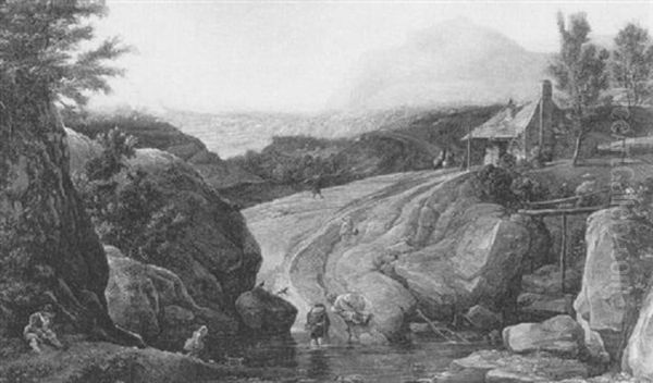 A Mountainous Landscape With Peasants Fording A River - view 1