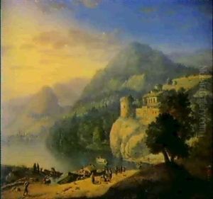 Flusslandschaft Mit Einem Kastell Und Booten