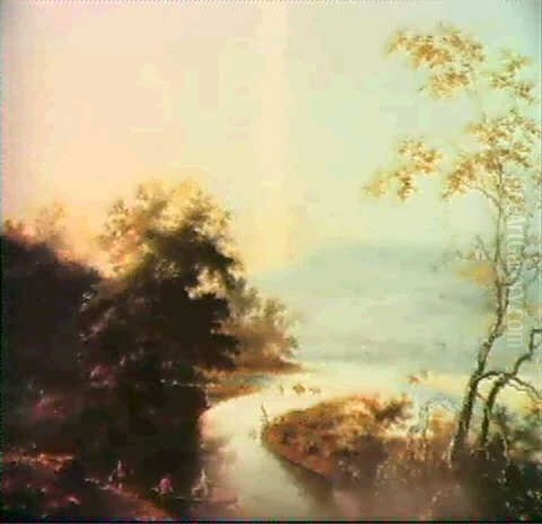 An Extensive River Landscape With Fishermen Dragging Their  Nets And A Town Beyond - view 1