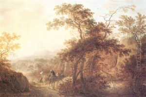 Travellers On A Wooded Path By A River And Bathers In A Mounainous Landscape