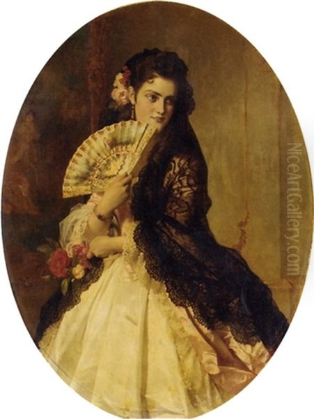 An Elegant Lady With A Fan Wearing A Black Shawl - view 1