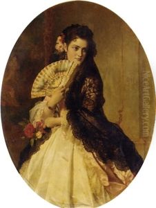 An Elegant Lady With A Fan Wearing A Black Shawl by Aug. Sahn