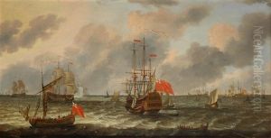 A Smack-rigged Royal Yacht, An English Two Decker And The English Fleet At Anchor, With A Man O' War Firing A Salute