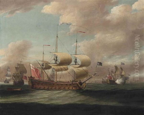 A Royal Navy 4th Rate Arriving At The Anchorage, With The Fleet Announcing Her Arrival Beyond - view 1