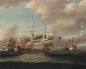 A Royal Navy 4th Rate Arriving At The Anchorage, With The Fleet Announcing Her Arrival Beyond