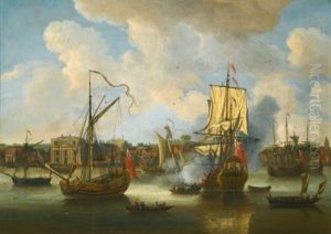 A Fifth-rate Man Of War Saluting An Admiralty Yacht Arriving In The Thames Off Greenwich Palace, With Merchant Shipping Beyond
