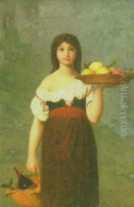 Portrait Of A Girl Carrying A Platter Of Fruit And A Basket With Wine