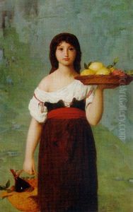 A Maiden Holding A Basket, With Fruit And A Bottle Of Wine