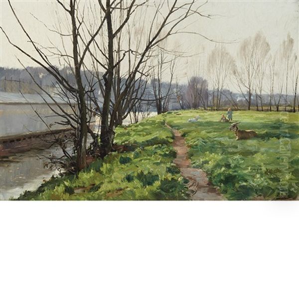 Children With Goats Along A Canal - view 1