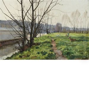 Children With Goats Along A Canal by Paul Jean Marie Sain