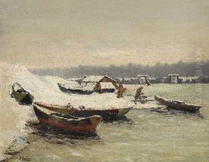 Boote Am Verschneiten Flussufer Boote Am Verschneiten Flussufer