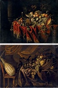 Cesto Di Uva, Pesche E Melogrami, Un Ulivo, Una Farfalla E Alzate D'argento (+ Another; 2 Works) by Simon Bernard de Saint Andre