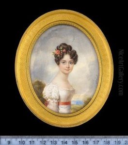 Colette De Reiset, Baronne De Beuronville, Wearing White Dress With Salmon-pink Ribbon Waistband And Pink Roses In Her Hair, Landscape Background by Daniel Saint