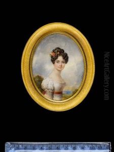 Colette De Reiset, Baronne De Beuronville, Wearing White Dress With Salmon-pink Ribbon Waistband And Pink Roses In Her Hair, Landscape Background by Daniel Saint