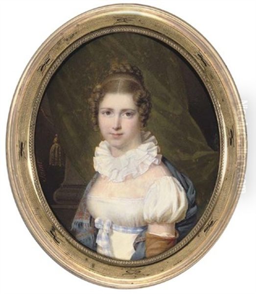Victoire Hollard, In Short Sleeved White Silk Dress With Fichu And Ruffled Collar - view 1