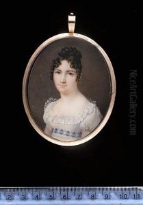 A Lady Wearing White Dress With Lace Trim, Blue And White Checked Ribbon Waistband Beneath Bust, Her Dark Hair Piled High And Worn In Ringlets