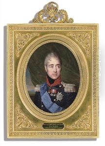 King Charles X Of France, In Red-piped Blue Uniform With Red Collar, Black Stock And Silver Epaulettes, Green Curtain And Mountain Landscape Beyond by Daniel Saint