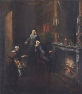 Interior Scene With A Woman And Two Children Being Received By Two Gentlemen by Gabriel Jacques de Saint-Aubin