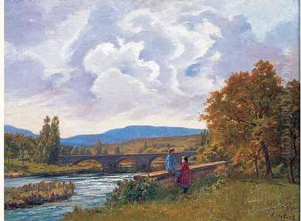 Fillettes Au Bord De Riviere, L'ancien Pont De Port Lesney. - view 1