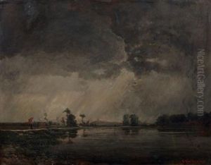 Femme A L'ombrelle Rouge Dans Un Paysage De La Dombes by Jean Aime Saint-Cyr Girier