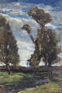 Abendliche Bachlandschaft Mit Baumen