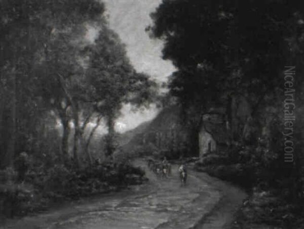 Waldlandschaft Mit Hirtin Und Vieh Auf Einem Fuhrweg - view 1