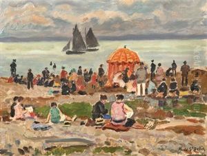 Plage Animee De Honfleur by Henri Lienard De Saint-Delis