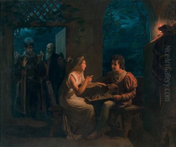 Miranda Fait Une Partie D'echecs Avec Ferdinand Qu'elle Accuse, En Plaisantant, De Tricher. Prospero, Dans Le Fond, Introduit Le Roi De Naples, Qui Reste Un Moment Interdit A La Vue De Son Fils, Qu'il Croyait Mort - view 1