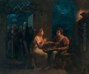 Miranda Fait Une Partie D'echecs Avec Ferdinand Qu'elle Accuse, En Plaisantant, De Tricher. Prospero, Dans Le Fond, Introduit Le Roi De Naples, Qui Reste Un Moment Interdit A La Vue De Son Fils, Qu'il Croyait Mort by Gillot Saint-Evre