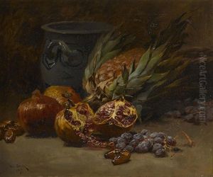 A Still Life With Pomegranates And Pineapple by Henri Saintin