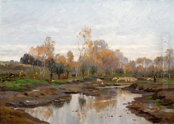 Herder Met Schaapskudde Bij Een Ven - view 1
