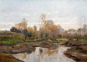 Herder Met Schaapskudde Bij Een Ven by Henri Saintin