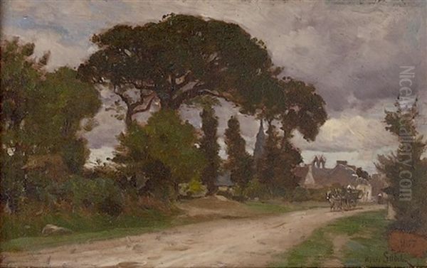 Voiture Attelee Quittant Le Village - view 1