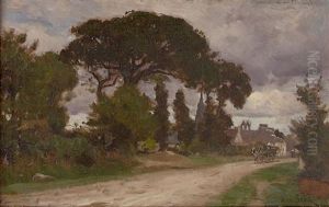 Voiture Attelee Quittant Le Village by Henri Saintin
