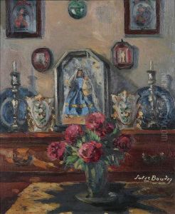 Stilleven Met Rozen In Vaas Optafel by Jules Boudry