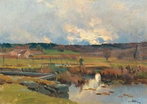 Herbstliche Landschaft Mit Gansen Und Ihrer Magd