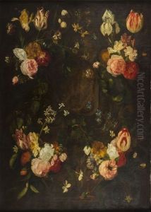 Bouquets De Fleurs Sur Un Encadrement De Pierre Sculpte