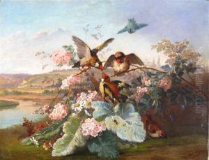 Still Life Of Goldfinches And Blossom On A Riverbank