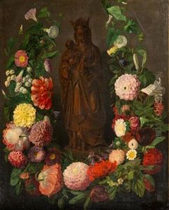 Vierge A L'enfant Dans Une Guirlande De Fleurs