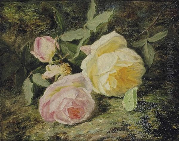 Roses On A Mossy Bank With A Butterfly - view 1