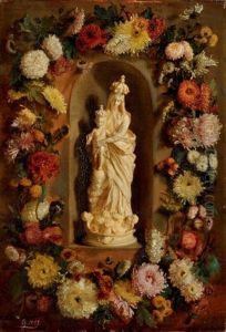 Vierge A L'enfant Dans Une Niche Bordee D'une Guirlande De Fleurs by Simon Saint-Jean