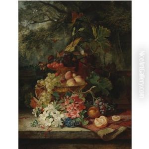 Still Life With Grapes, Cherries, Peaches, And Flowers In A Double-tiered Gilt Dish, A Carpet And An Orange, All Resting On A Ledge With A Balustrade And A Garden Landscape Beyond by Simon Saint-Jean
