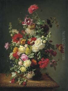 A Still Life Of Roses, Tulips, Peonies, Carnations, Hollyhocks, Morning Glories, Dahlias And Raspberries In An Urn On A Carved Wooden Table