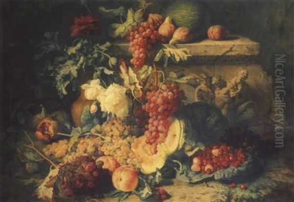 Fruits Sur Une Terrasse Avec Un Bas-relief Representant Silene - view 1
