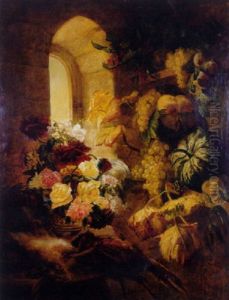 Fruits, Pampres De Vigne, Vase De Fleurs, Lievre Et Faisan